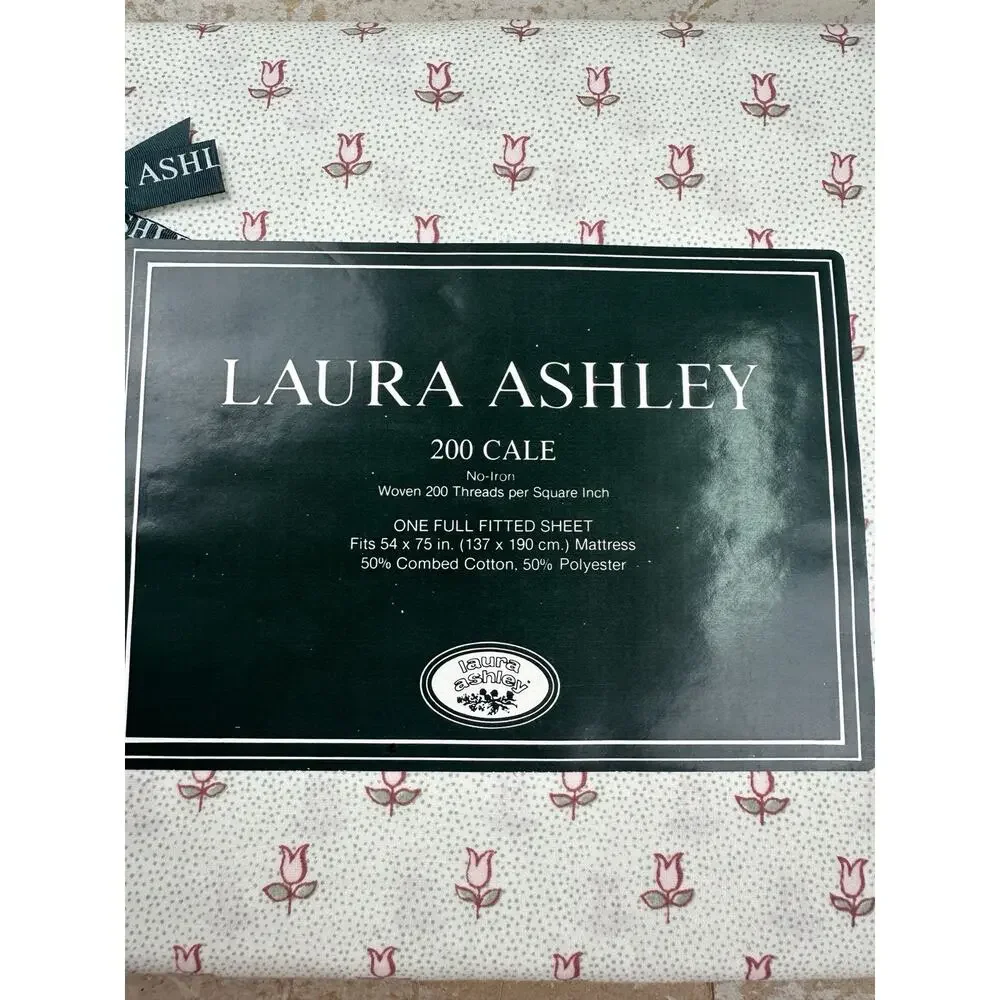 Vintage Laura Ashley 200 Cale Full Fitted Sheet Tulip Floral Pink Green READ